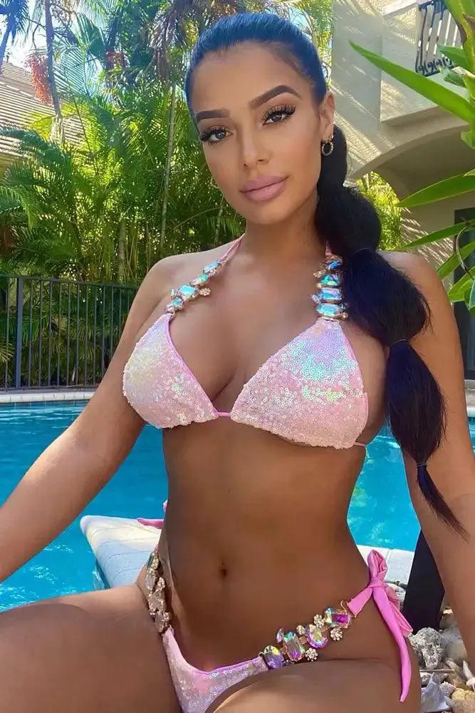 Pink Iridescent Sexy Sequin Embellished Rhinestone Two Piece Sexy Swimsuit