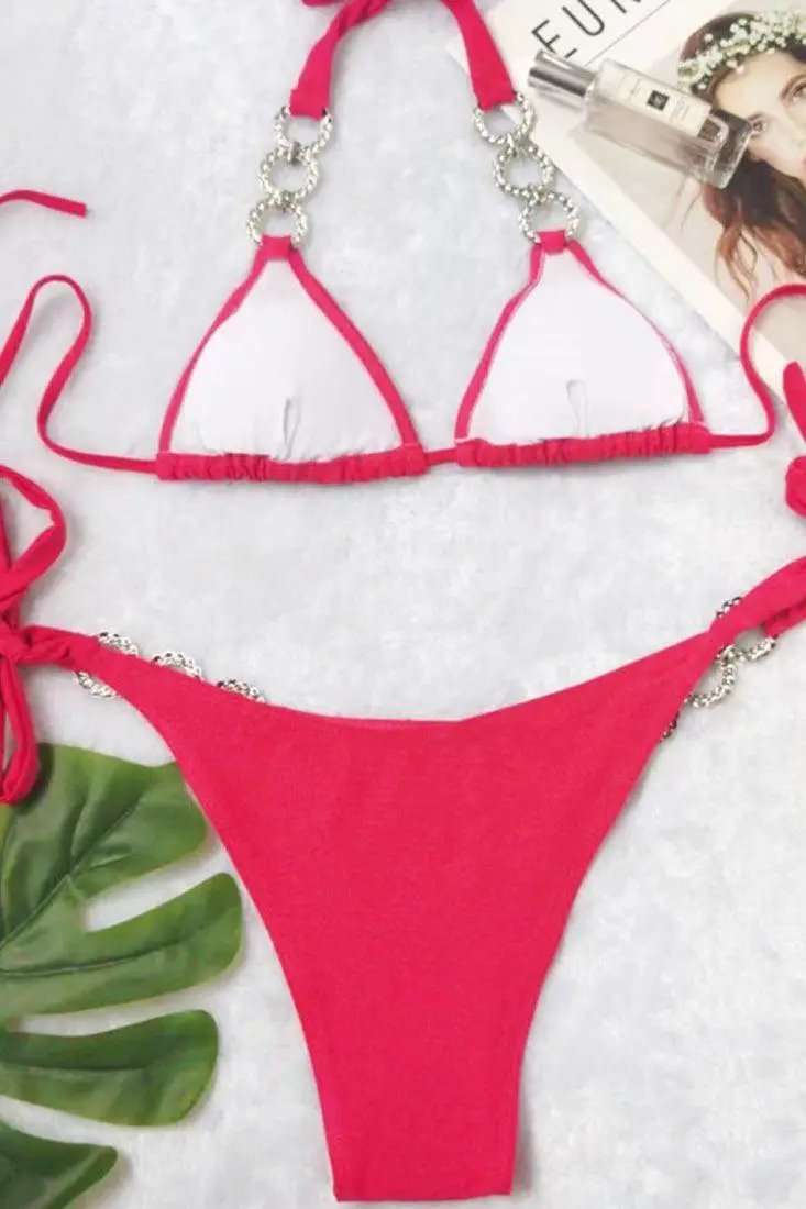 Pink Rhinestone Covered O-Ring Cheeky 2Pc Sexy Swimsuit Bikini