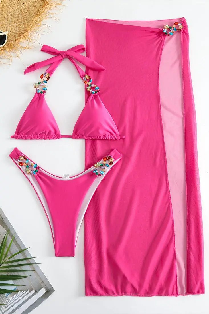 Pink Rhinestones Gem Halter Cheeky Cover-Up 3Pc Swimsuit Set