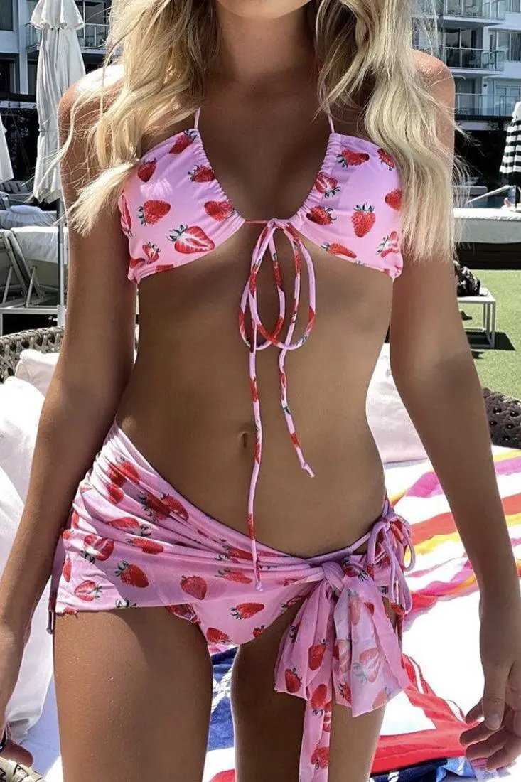 Pink Strawberry Print Strappy Cheeky Sexy Three Piece Swimsuit