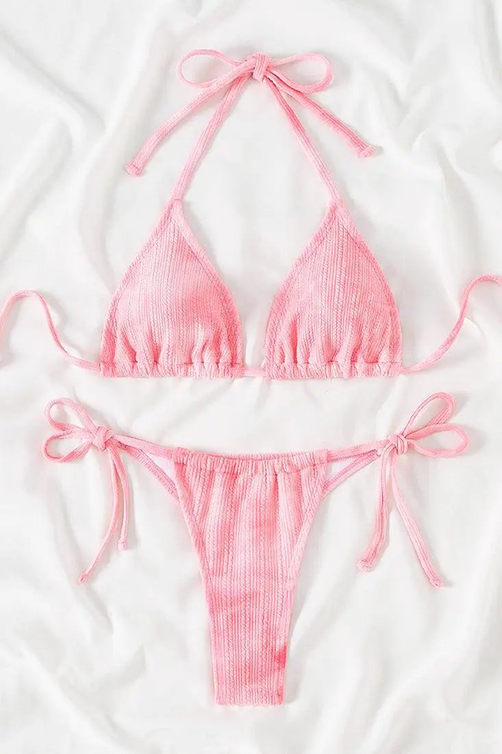 Pink Textured Tie Dye Triangle Draw String Thong Sexy 2Pc Swimsuit Bikini