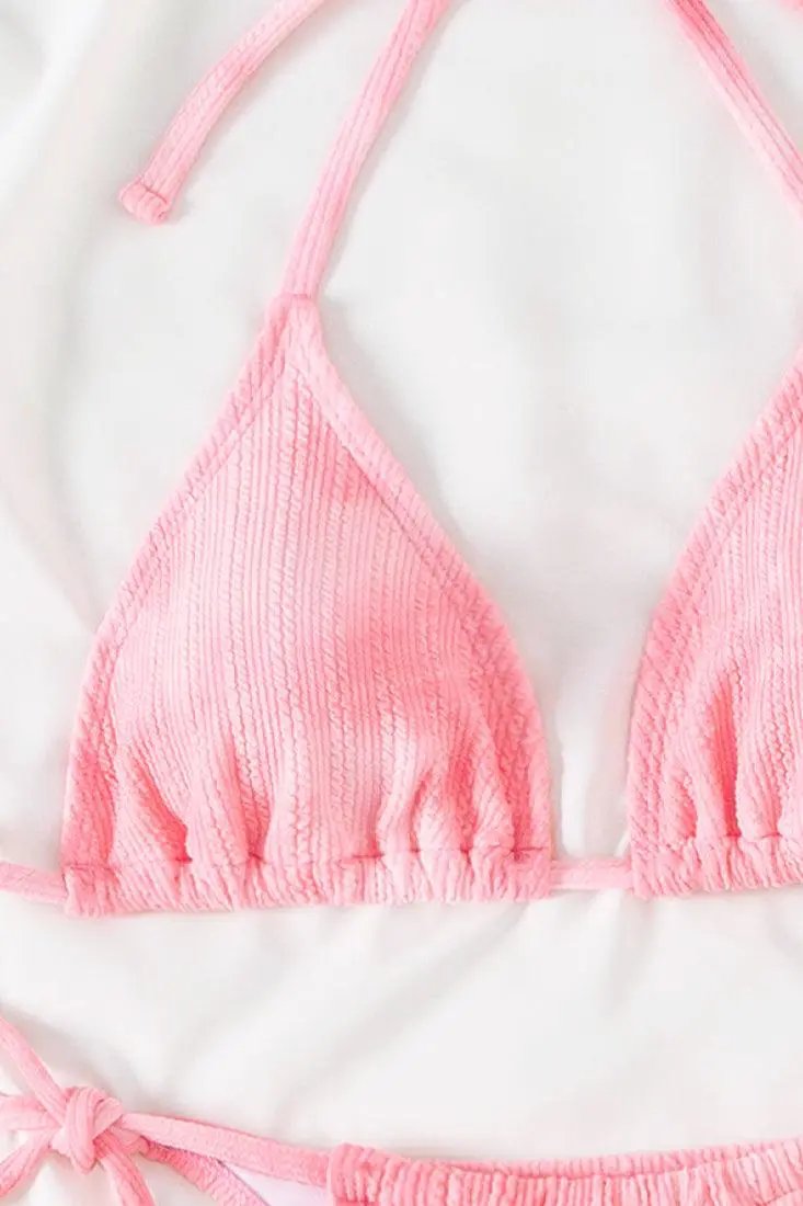 Pink Textured Tie Dye Triangle Draw String Thong Sexy 2Pc Swimsuit Bikini