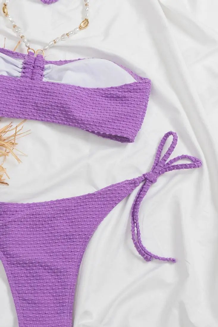 Purple Bandeau Halter Pearl Cheeky 2 Pc Sexy Swimsuit Set Bikini