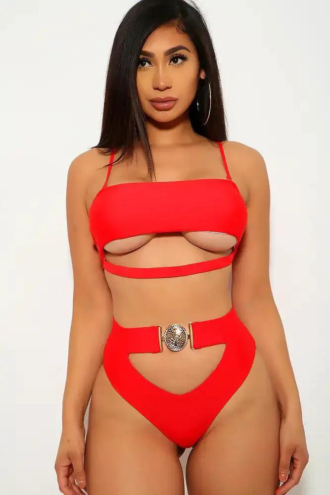 Red Cut Out Padded Two Piece Swimsuit