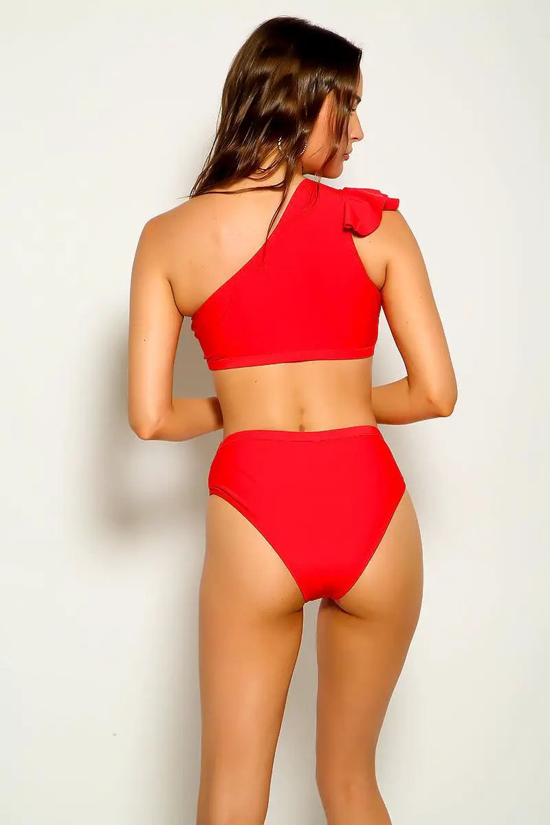Red Cut Out Sexy Ruffled One Shoulder Two Piece Swimsuit