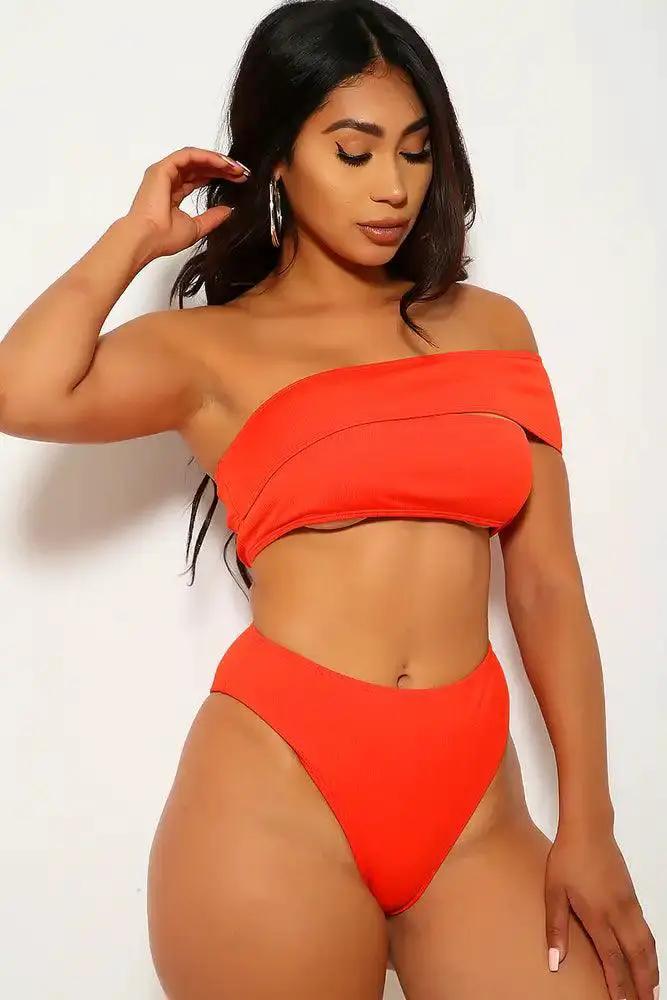 Red One Strap Two Piece Swimsuit