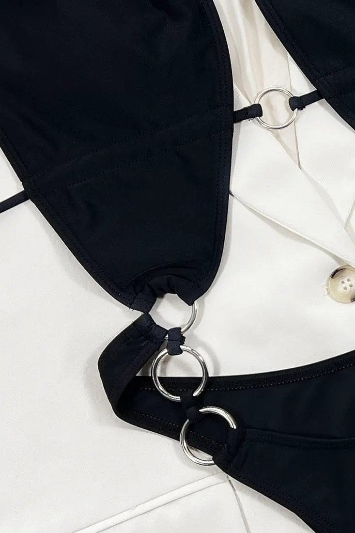 Sexy 1Pc Black Monokini With 7 Silver Rings