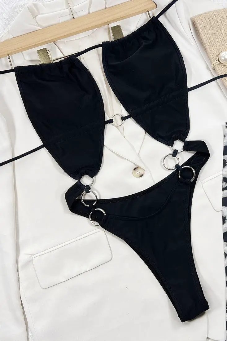 Sexy 1Pc Black Monokini With 7 Silver Rings