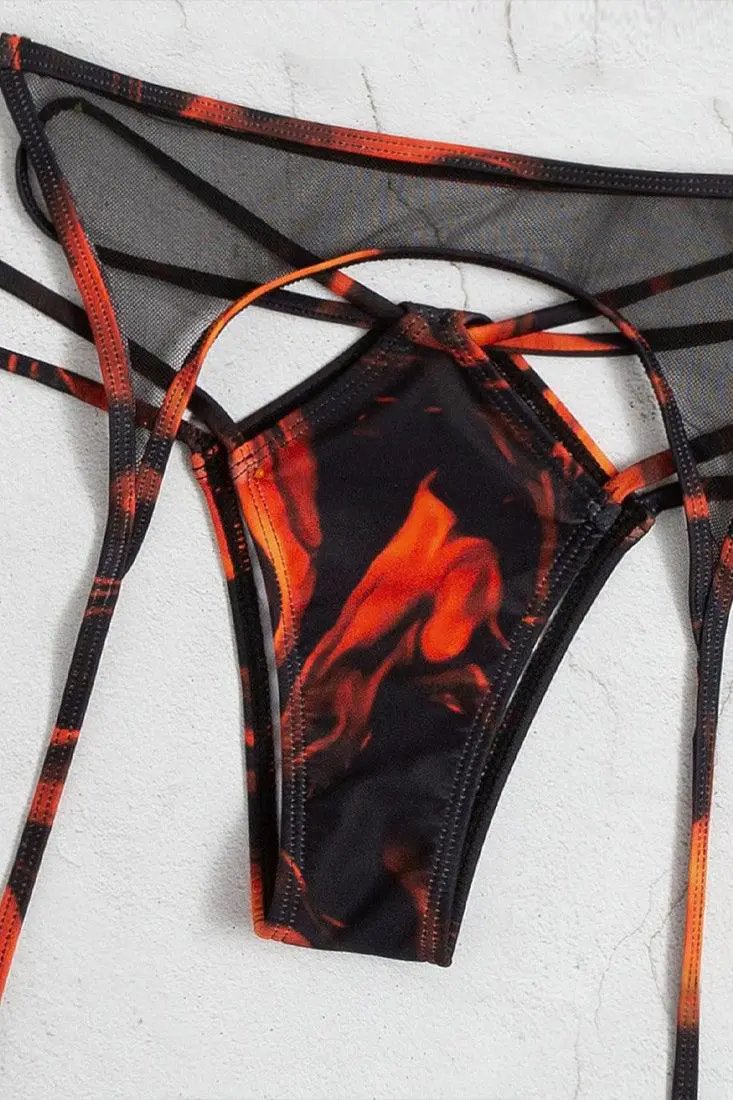 Sexy 2pc Fire Print Bikini With Mesh Garter