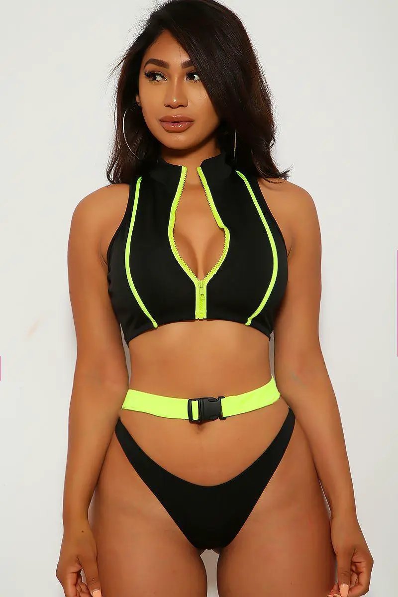 Sexy Black Neon Lime Zip Buckle Detail Two Piece Swimsuit