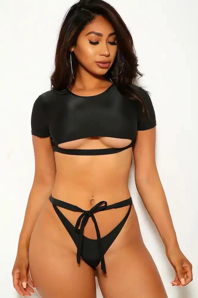 Sexy Black Strappy Short Sleeves Crop Top Two Piece Swimsuit