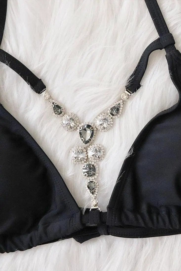 Sexy Black Rhinestone Gem Triangle Bikini Scrunch Butt 2Pc Swimsuit Set