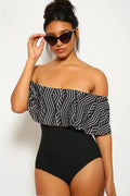 Sexy Black Two Tone Ruffled Hem Bandeau One Piece Swimsuit