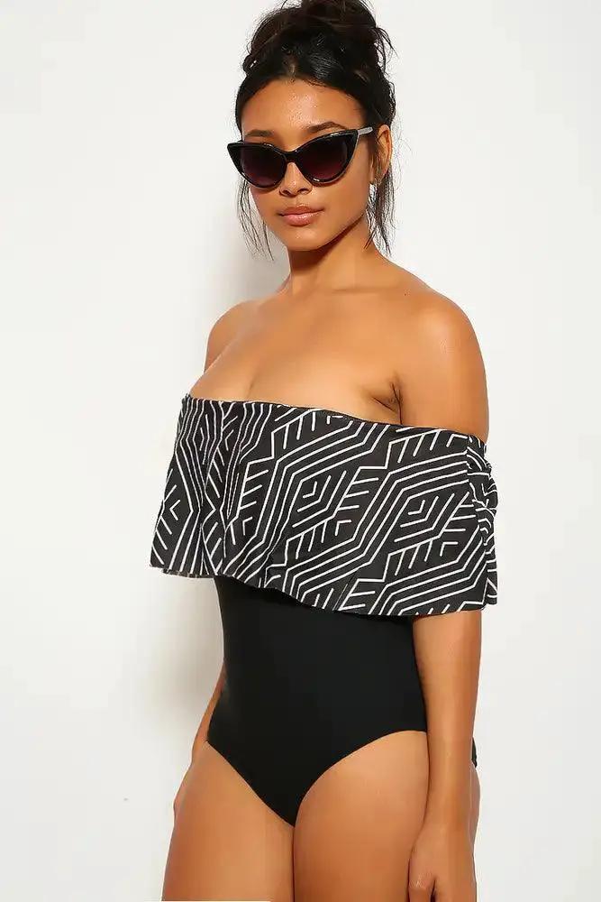 Sexy Black Two Tone Ruffled Hem Bandeau One Piece Swimsuit