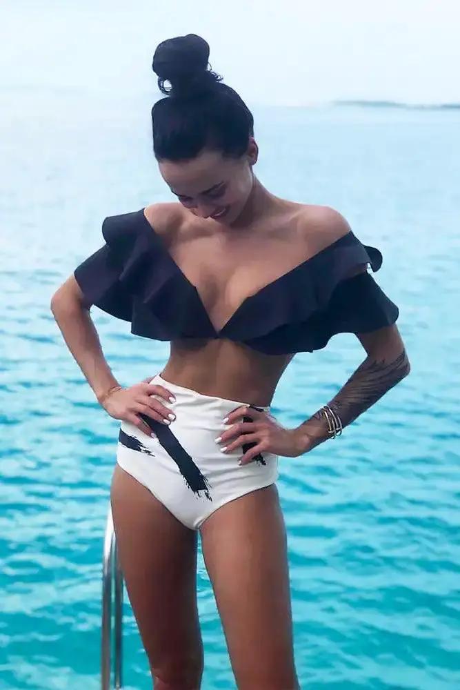 Sexy Black White Ruffle Printed High Waist Two Tone Two Piece Swimsuit