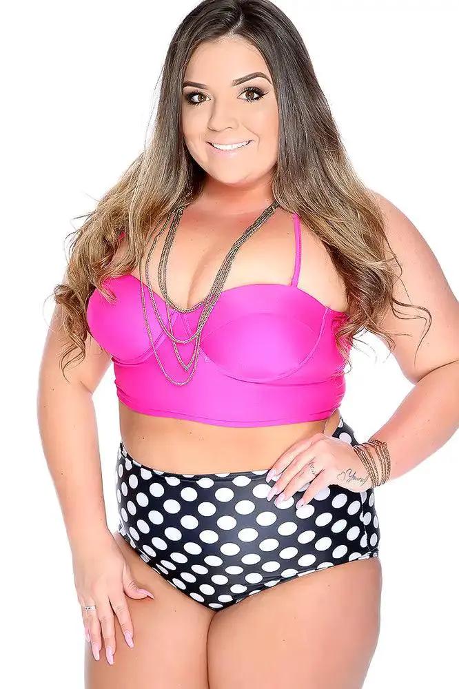 Sexy Fuschia Black Two Piece Halter Top Polka Dot Bottom Swimsuit