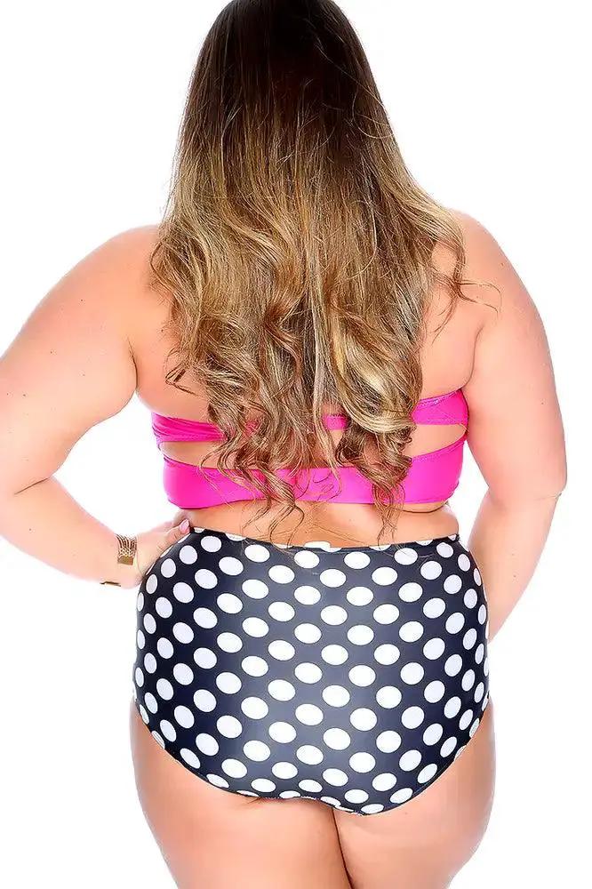 Sexy Fuschia Black Two Piece Halter Top Polka Dot Bottom Swimsuit