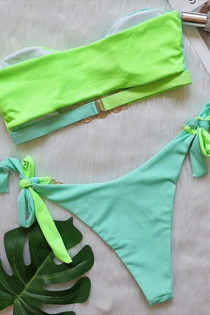 Sexy Green Color Block 2pc Bikini With Gemstones
