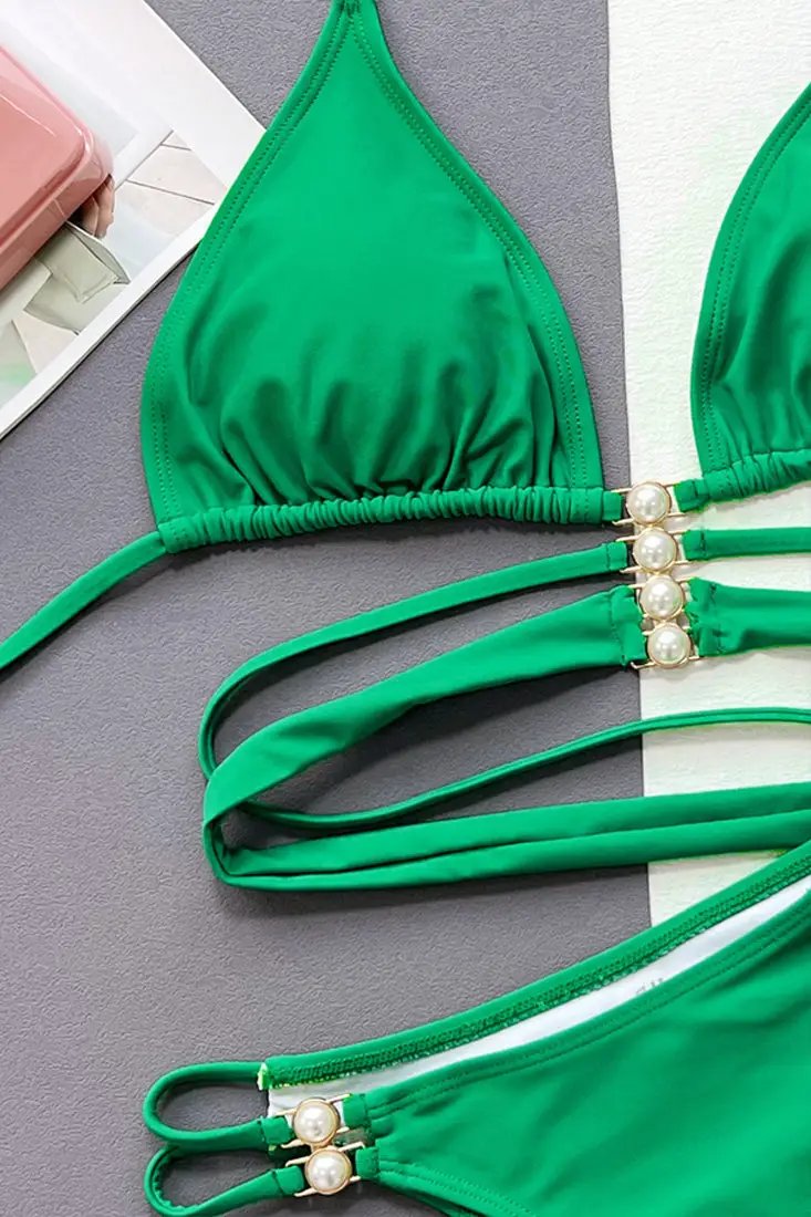 Sexy Green Strappy Triangle Cheeky Pearl Gold 2pc Swimsuit Bikini