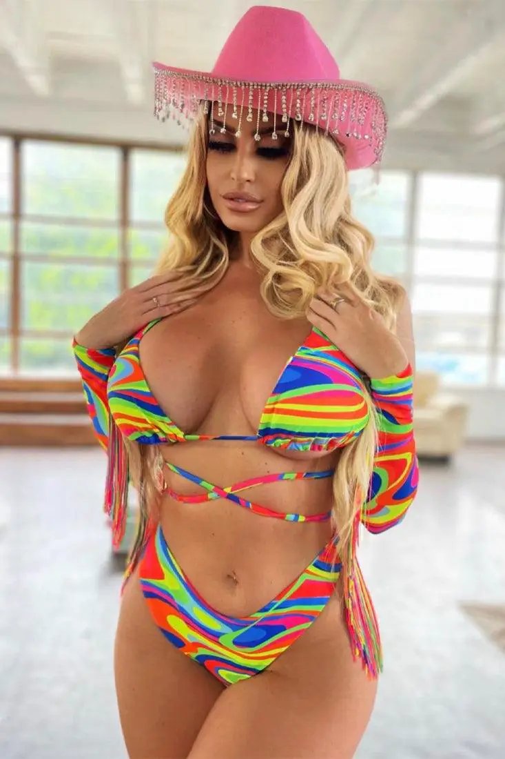 Sexy Red Multi Strappy Halter Fringe Sleeves Bikini Set
