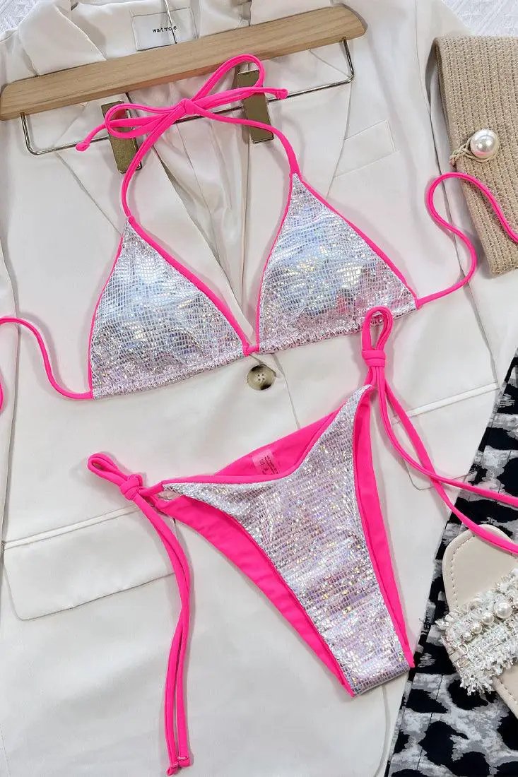 Sexy Silver Hologram Bikini With Pink Trim