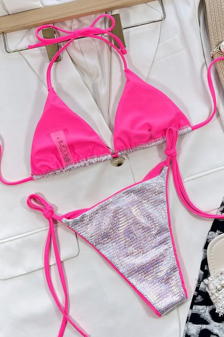 Sexy Silver Hologram Bikini With Pink Trim