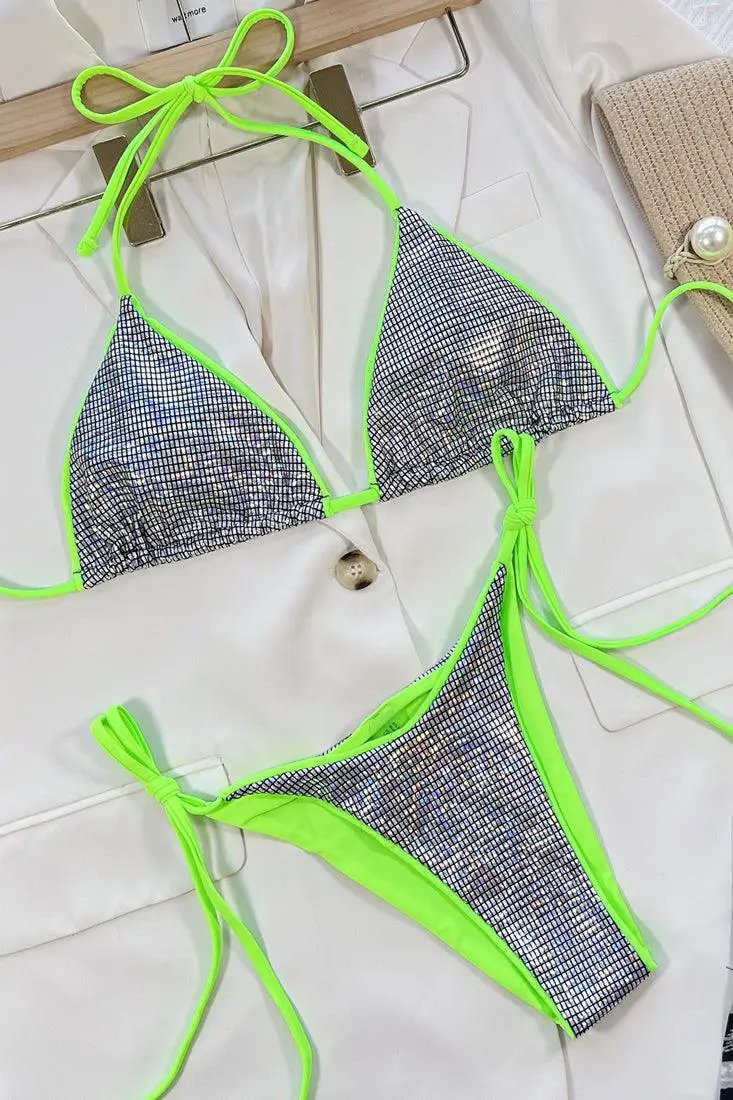 Sexy Silver Square Hologram Print Bikini With Lime Trim