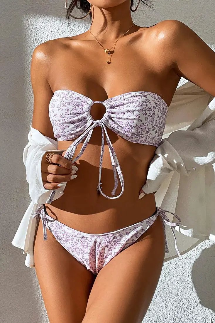 Sexy White 2pc Bikini With Purple Leaf Print