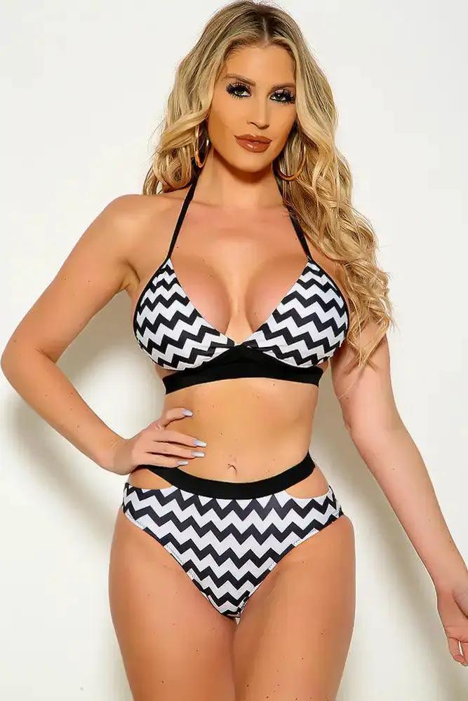Sexy White Black Chevron Strappy Cut Out Halter High Waist Two Piece Swimsuit