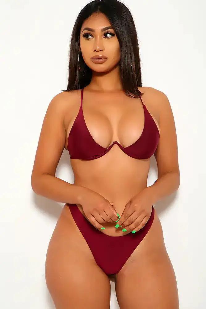 Sexy Wine Low Cut V-Wire Push Up Two Piece Swimsuit