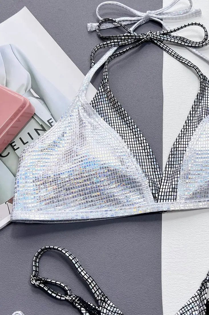 Silver Black Metallic Double Strap Cheeky 2Pc Swimsuit Sexy Bikini A03H