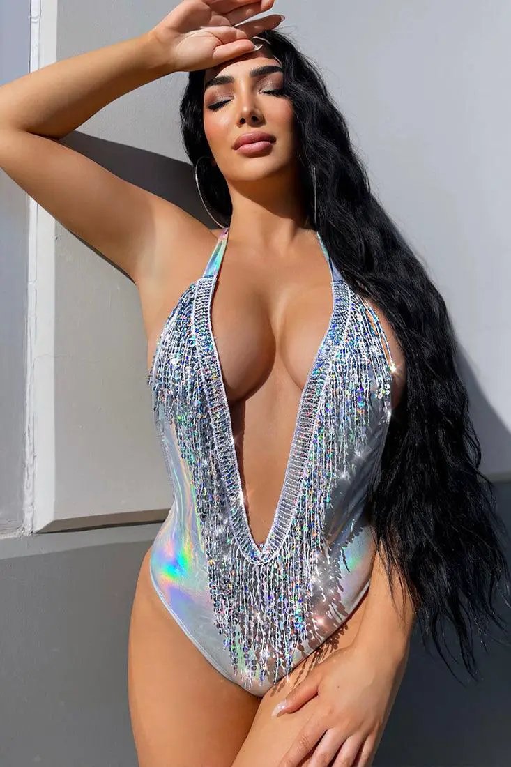 Silver Holographic Sequin Fringe Deep V Neck Halter Monokini