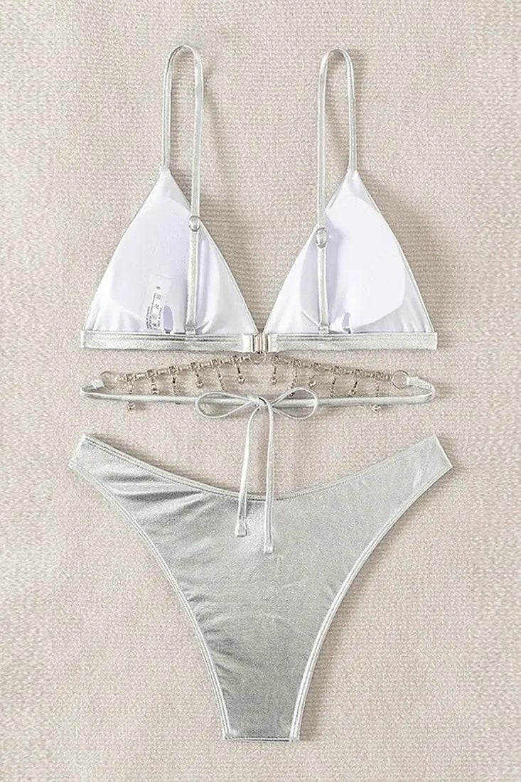 Silver Metallic Rhinestones Strappy Cheeky 2Pc Swimsuit Set