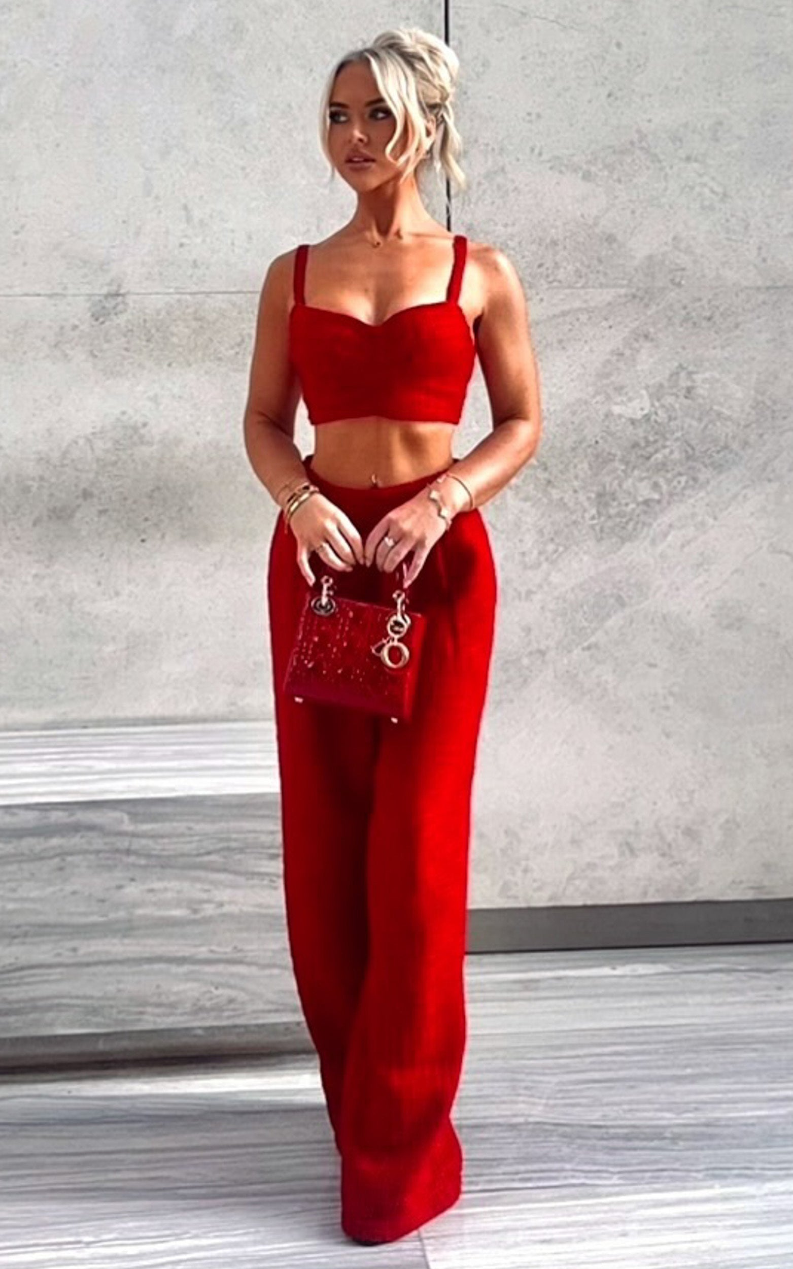Sylvia Two Piece Set - Corset Top and High Waisted Wide Leg Pants Set in Red