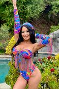 Multi Printed Fringe Halter High Waist Gloves Scarf 5Pc Swimsuit Set