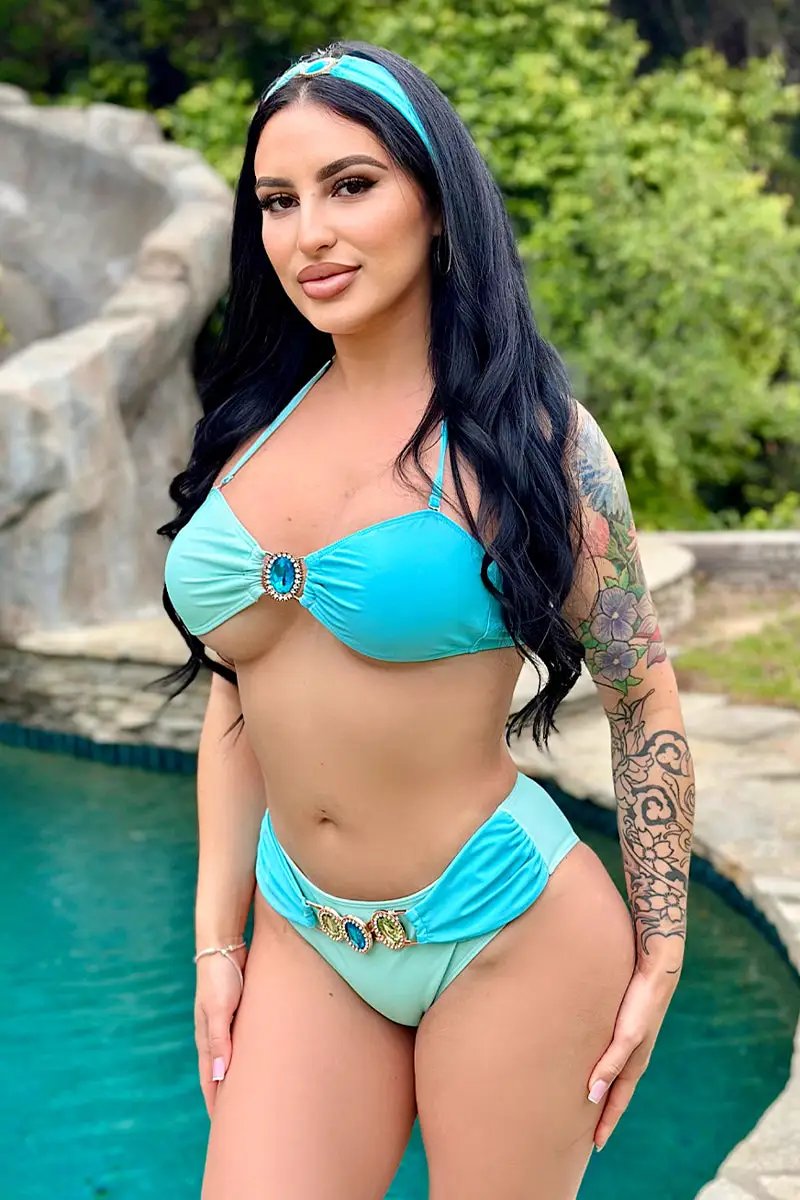 Green Blue Gemstone Rhinestone Headband/Belt 3Pc Sexy Swimsuit Set