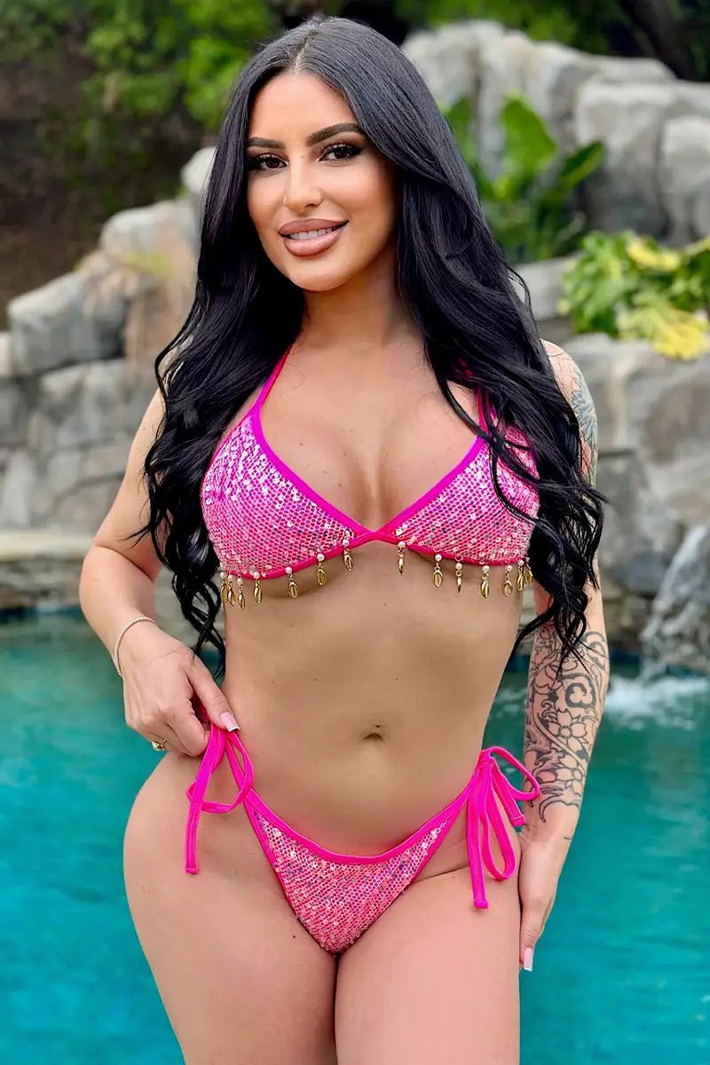 Hot Pink Sequin Gold Sea Shell Pearl Sexy 2Pc Swimsuit Set Bikini
