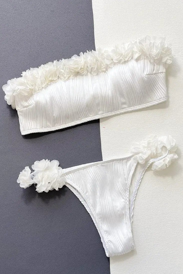 White 3D Flowers Bandeau Strapless Cheeky 2Pc Swimsuit Bikini