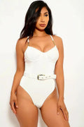 White Belted Velvet One Piece Swimsuit
