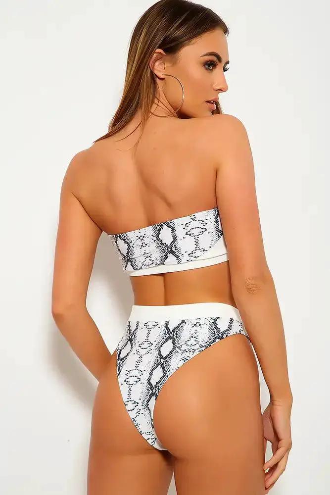 White Black Snake Print Bandeau Cheeky Two Piece Swimsuit