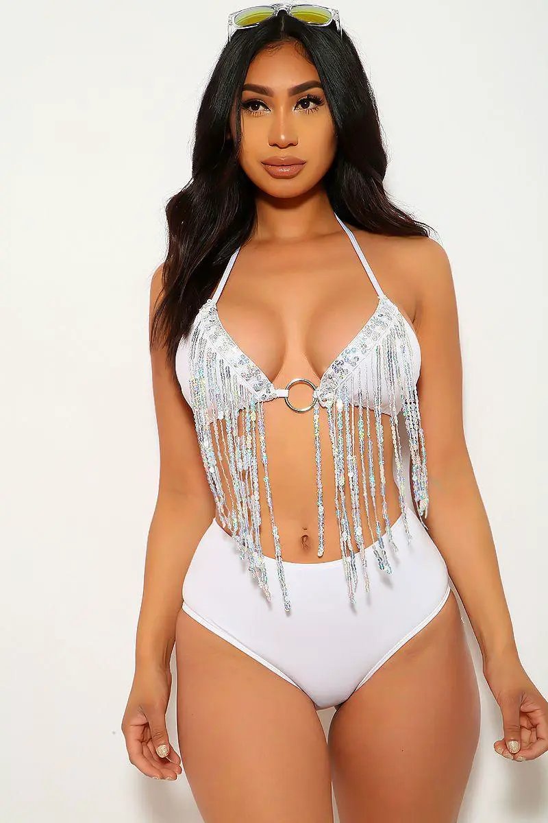 White Fringe Sequins Two Piece Swimsuit