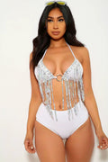 White Fringe Sequins Two Piece Swimsuit
