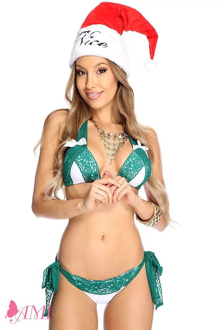 White Green Lace Bow Accent Pucker Back Sexy Swimsuit