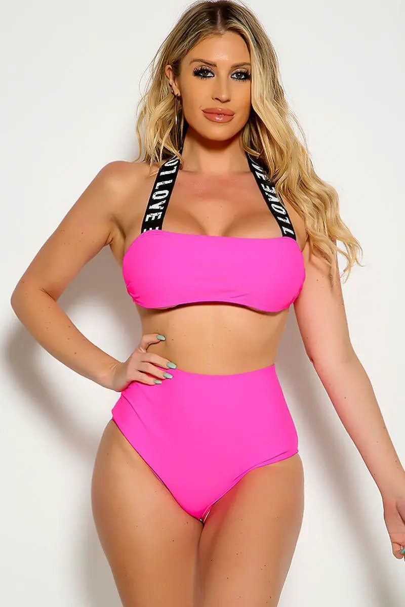 White Neon Pink Love Print Straps High Waist Two Piece Swimsuit