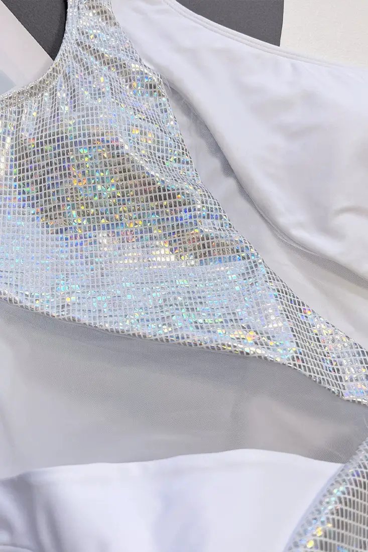 White Silver Metallic Holographic Cut Out Mesh One Shoulder 1pc Monokini Swimsuit