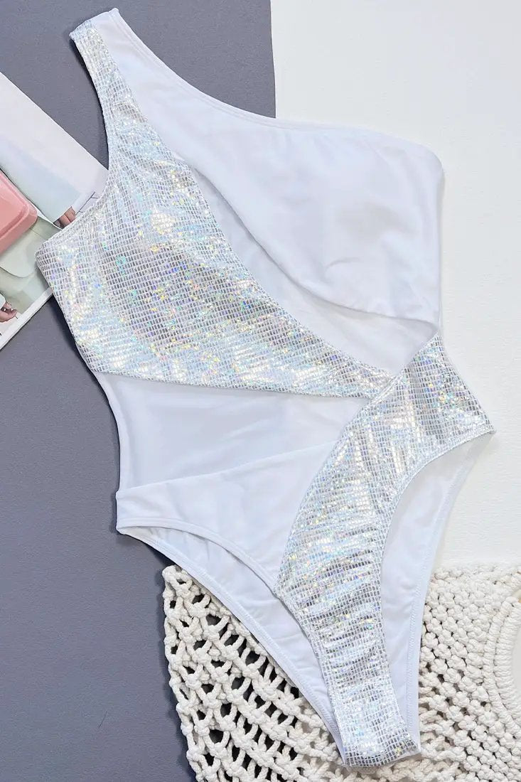 White Silver Metallic Holographic Cut Out Mesh One Shoulder 1pc Monokini Swimsuit