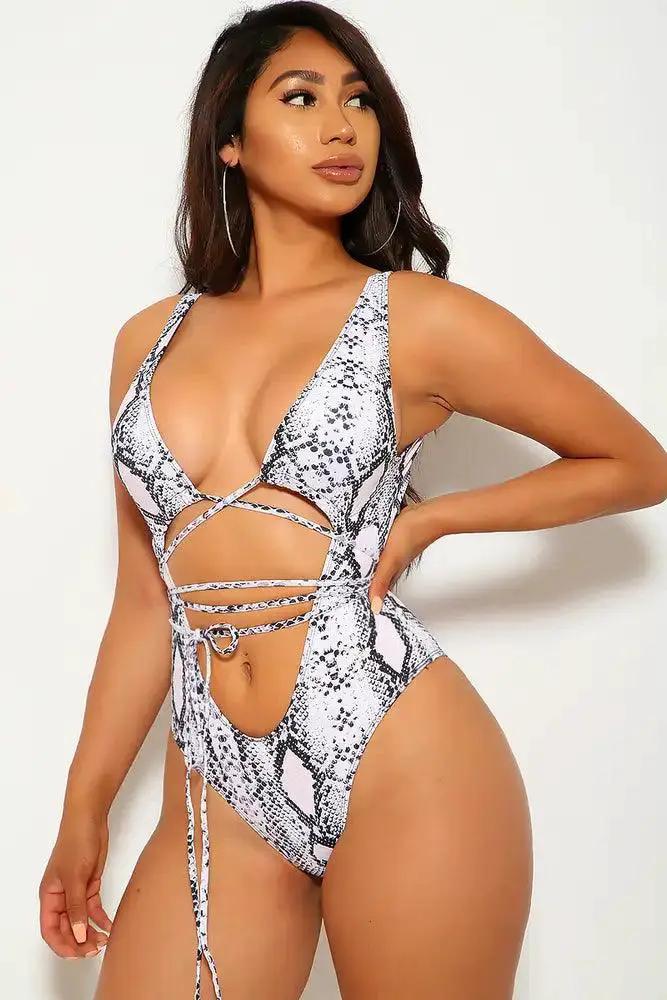 White Snake Strappy One Piece Monokini Swimsuit