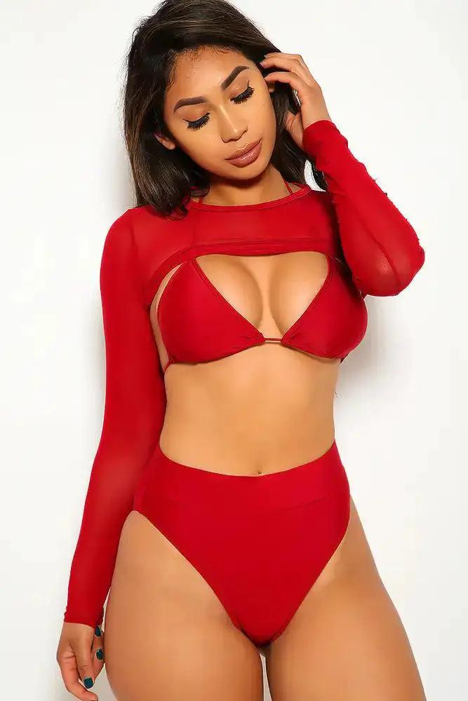 Wine Three Piece Mesh Triangle Bold Swimsuit
