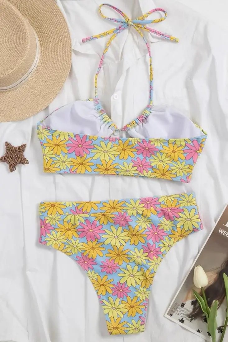 Yellow Pink Floral Print High Wast Cinching Halter 2 Pc Sexy Swimsuit Set