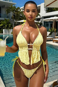 Yellow Textured Fabric White Natural Stones Decor Sexy 2Pc Swimsuit